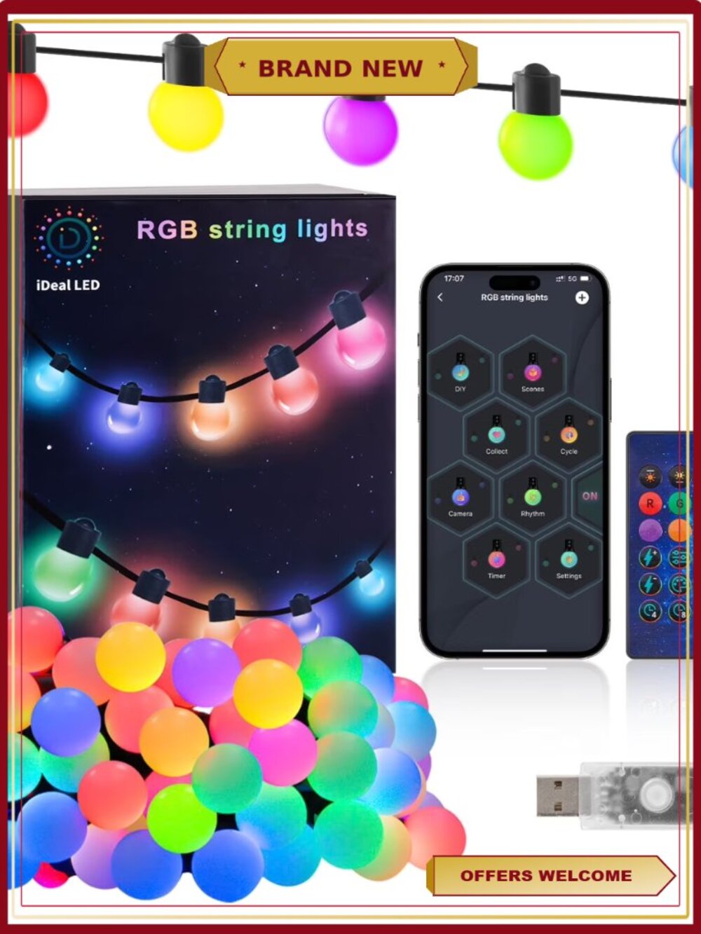 Outdoor String Lights 33Ft 50 Bulbs Smart RGB LED Fairy Lights